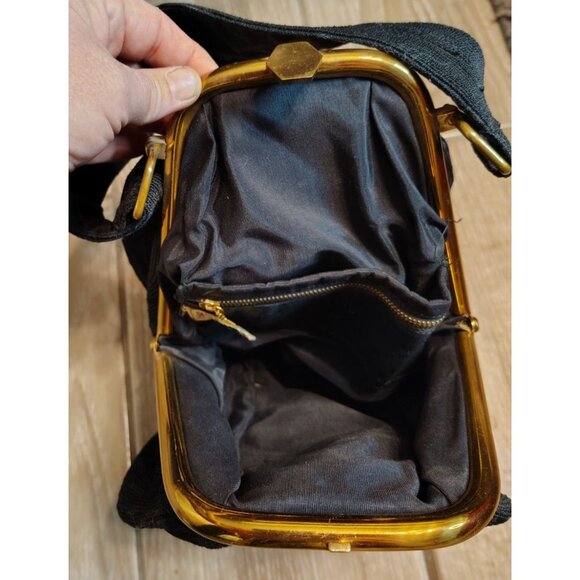 Vintage Corde Black Evening Handbag Purse Gold Tone Snap Art Deco Cocktail - Picture 6 of 7